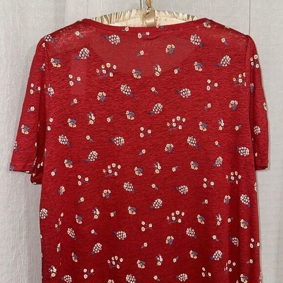 LOFT M Red Floral Linen Short Puff Sleeve Crew Tee Relaxed Fit - Picture 4 of 10